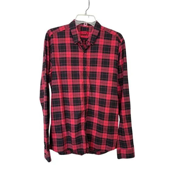 HUGO BOSS Red Black Plaid Button Front Shirt Men’s L Slim Fit Dark Academia - Picture 1 of 10